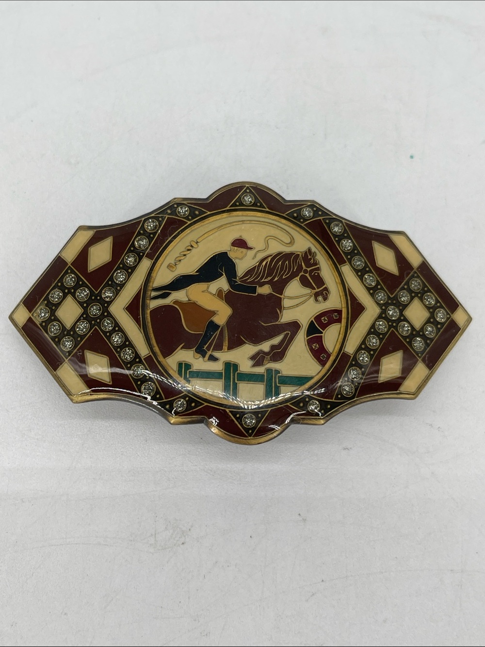 Vintage Equestrian Enamel Barrette in Brown and Cream French